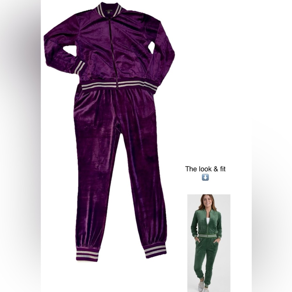 Kate and Mallory 2 Piece Velour Jacket w Joggers Pants Lounge Set -Purple